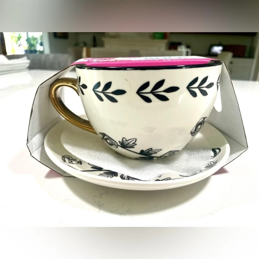 Disney Alice in Wonderland Floral & Black/White Teacups with Saucers Set of 2 - Picture 2 of 6